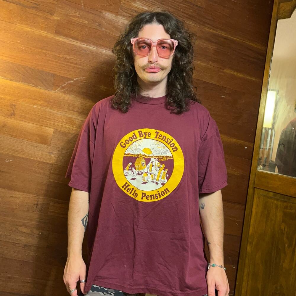 VINTAGE 90s Novelty T-Shirt Size 3X Hello Pension Oversized Maroon Single Stitch